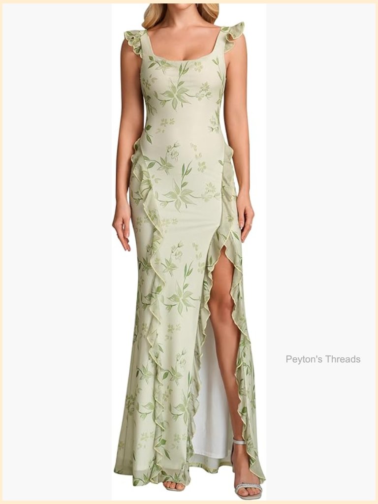 Square Neck Ruffle Hem Bodycon Maxi Dress With Backless Tie, Sleeveless